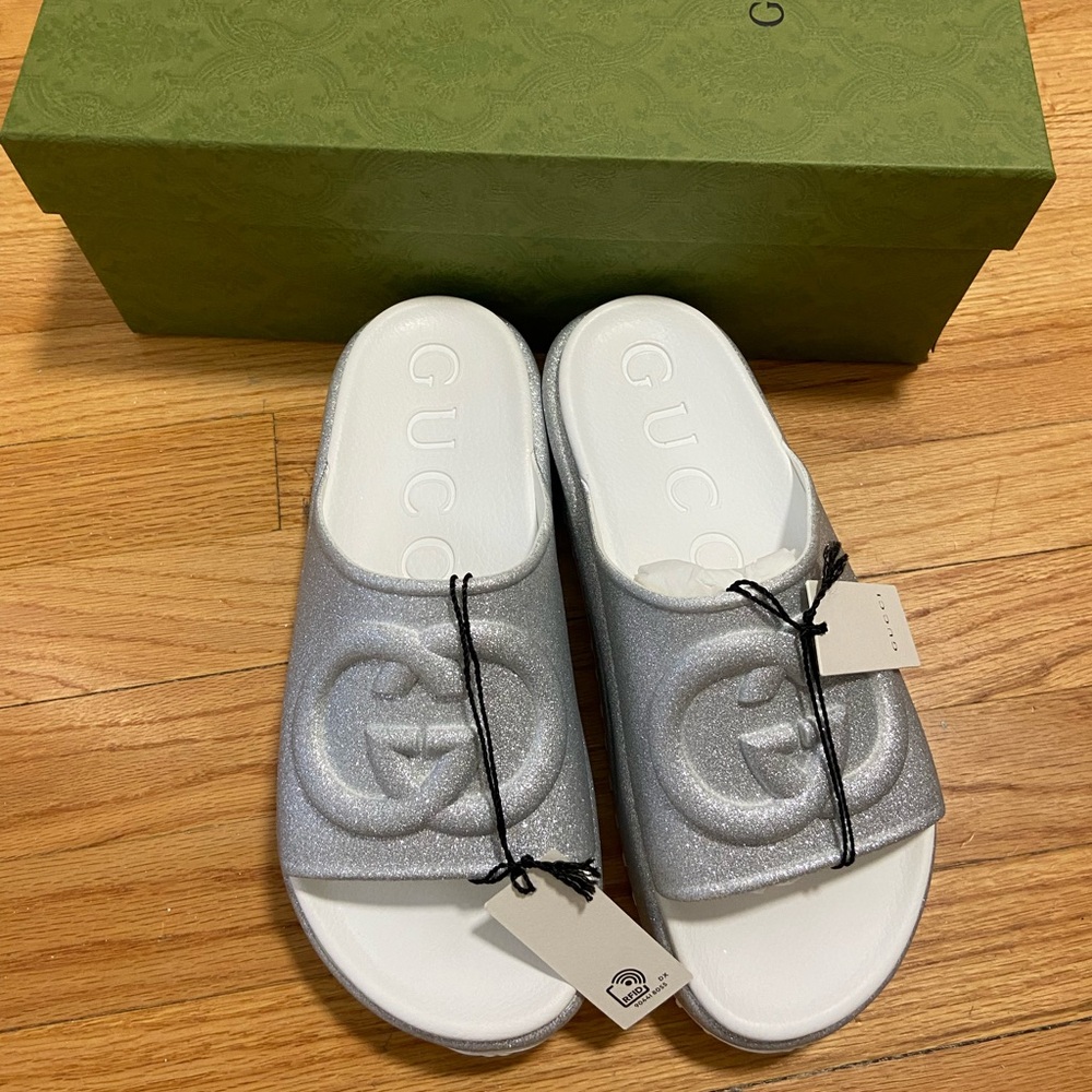 Gucci Silver Sparkly Platform Slides with Interlocking G